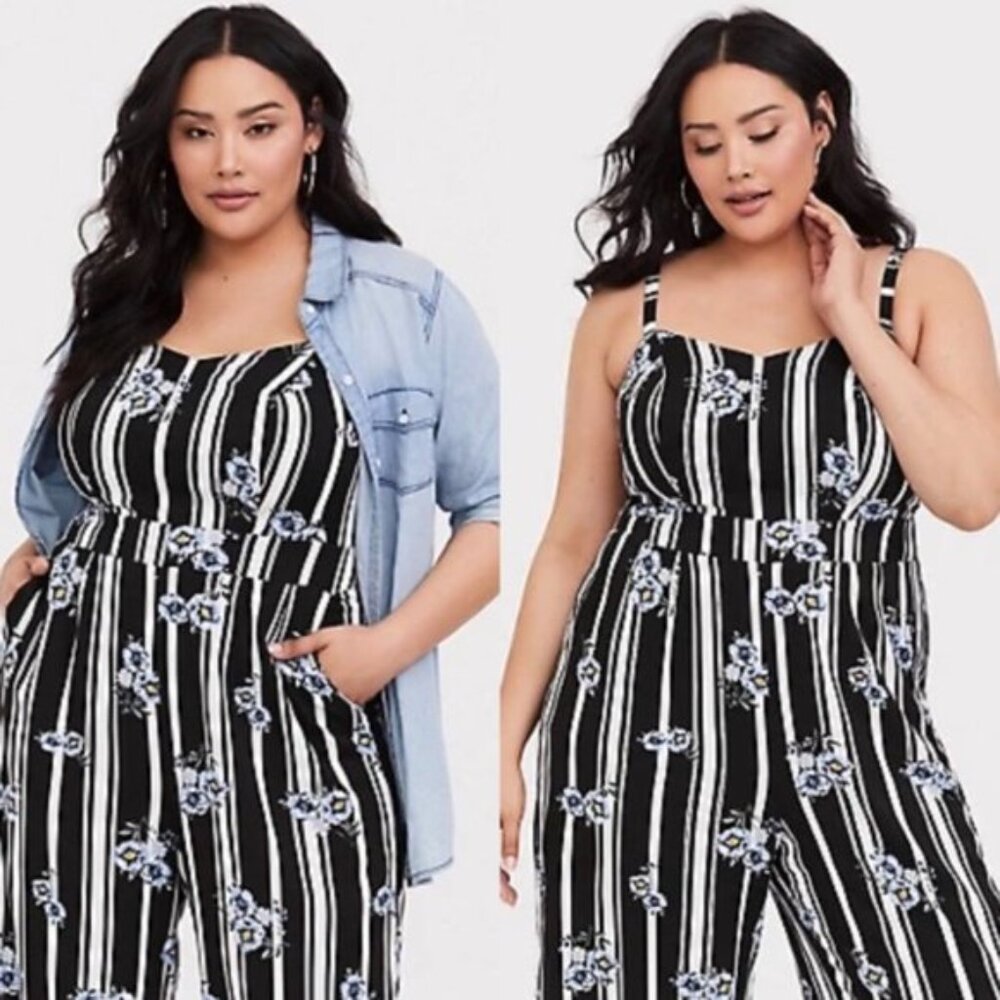 Torrid | Black Floral Stripe Culotte Crop Spaghetti Strap Tank | Size 3X - Picture 2 of 10